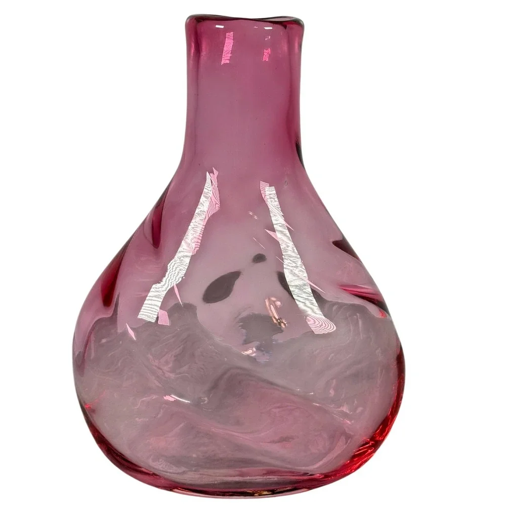 Vtg  MCM Hand Blown Glass Vase Cranberry Pink Swirl Optic 9.5